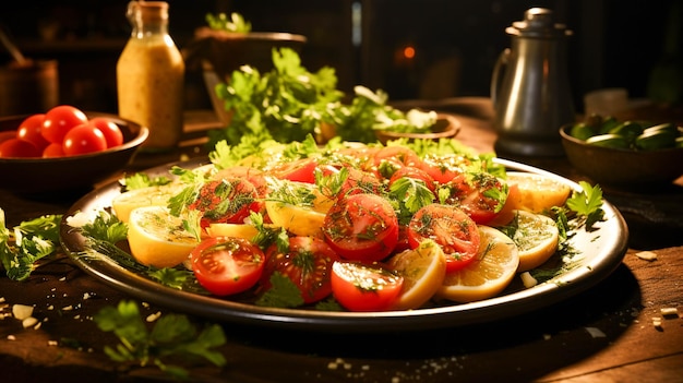 Healthy vegetarian meal with fresh tomato parsley and organic