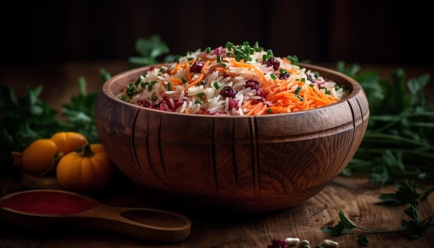 A healthy vegetarian meal with fresh vegetables and basmati rice generated by AI