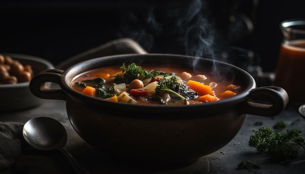 Healthy vegetarian stew cooked in rustic crockery generated by AI