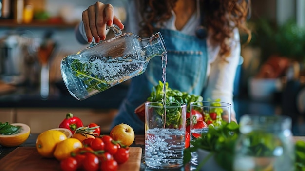 Photo healthy veggie prep in modern kitchen fresh vegetables and sparkling water healthy lifestyle