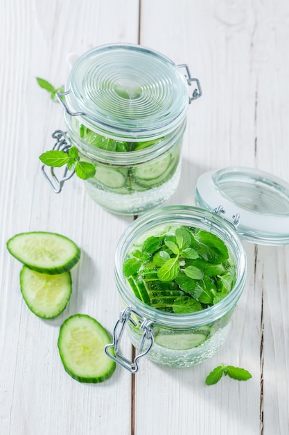 Healthy water in jar with cucumber and mint leaves