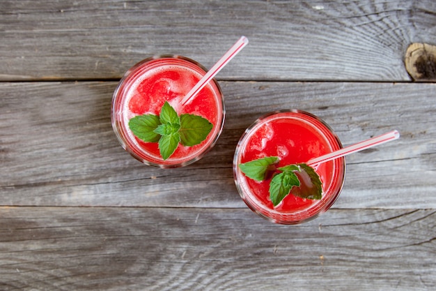 Healthy watermelon smoothie with mint. top view