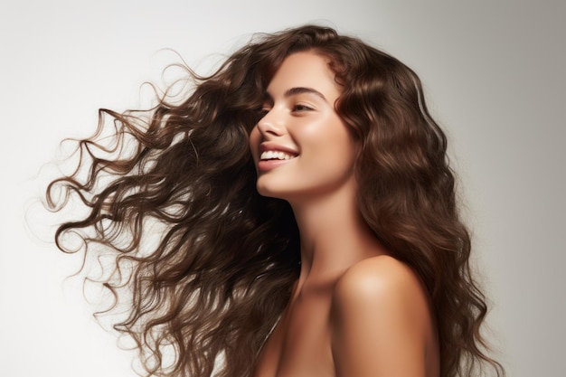 Healthy wavy hair of a woman against a white backdrop