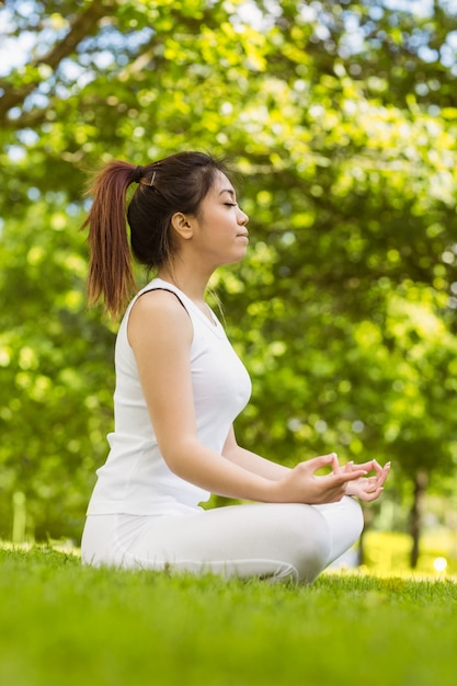 Healthy woman sitting in lotus pose at park