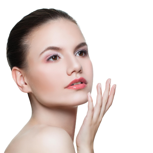 Healthy woman with clear skin isolated on whte Skincare and facial treatment concept