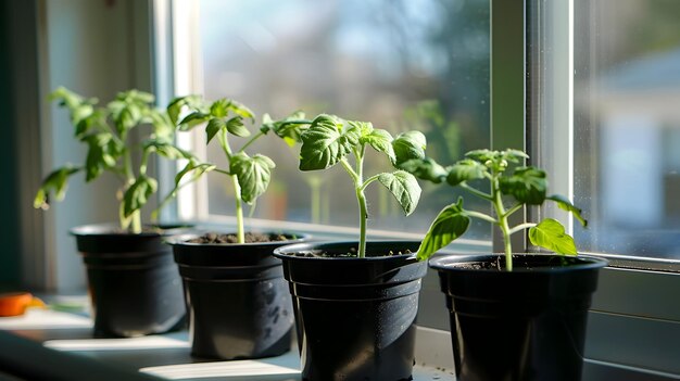 Healthy Young Tomato Seedlings Growing in Black Pots on Bright Windowsill With Lush Greenery and Natural Light