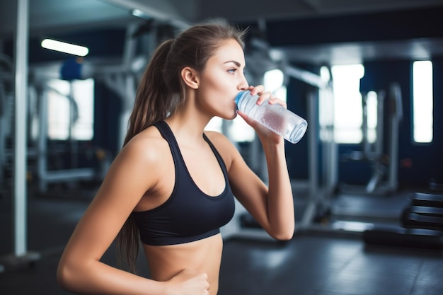 A healthy young woman drinking water during a workout created with generative ai