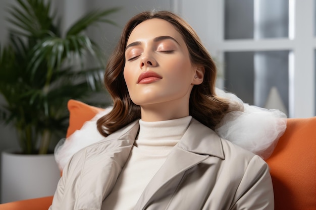 Healthy young woman meditating at home practicing yoga and breathing exercises for mindfulness