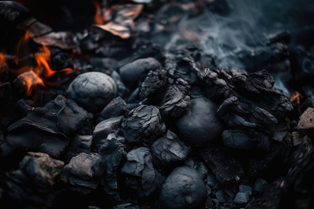 Heap of charcoal beside a blazing fire in a dark setting