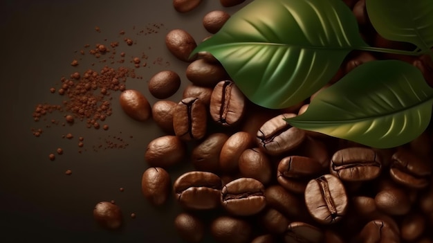 A heap of coffee beans with a fresh green leaf beside it Generative ai