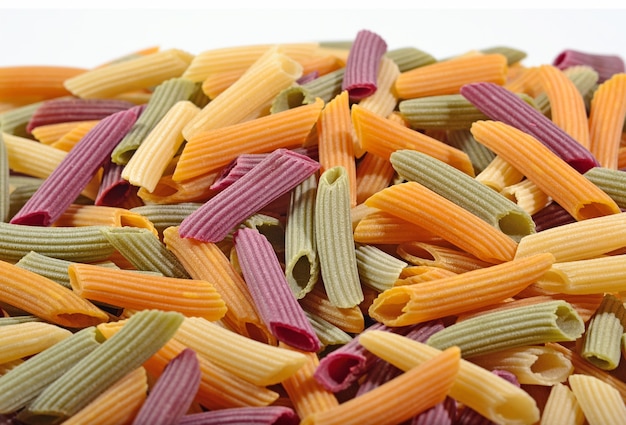 Heap of colored uncooked italian pasta penne on a white background