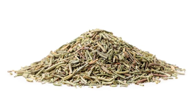 Heap of dry rosemary close-up on a white background. Isolated