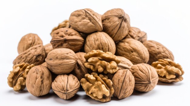 A heap of fresh walnuts isolated on a clean white background Generative ai