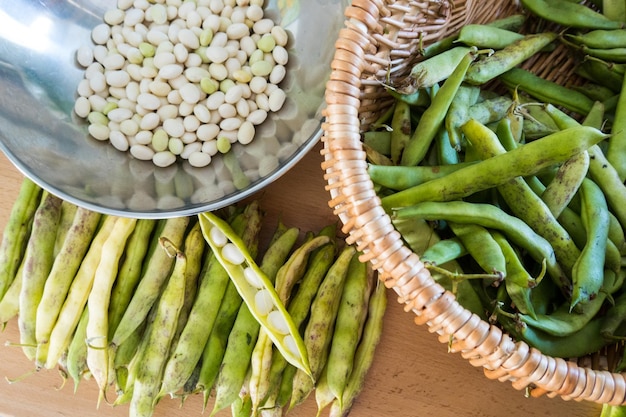 Heap of fresh white coco beans in the pod and peeled in the kitchen phaseolus vulgaris