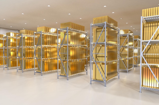 Heap of gold bullion in bank vault safe