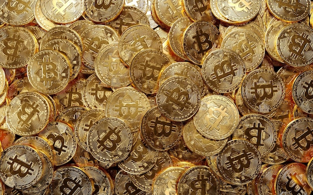 Heap of Golden Bitcoin 3D rendering illustration