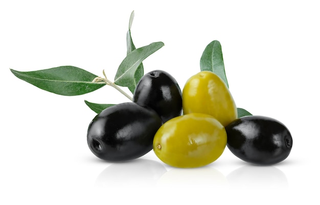 Heap of green and black olives with branch isolated on white background with clipping path