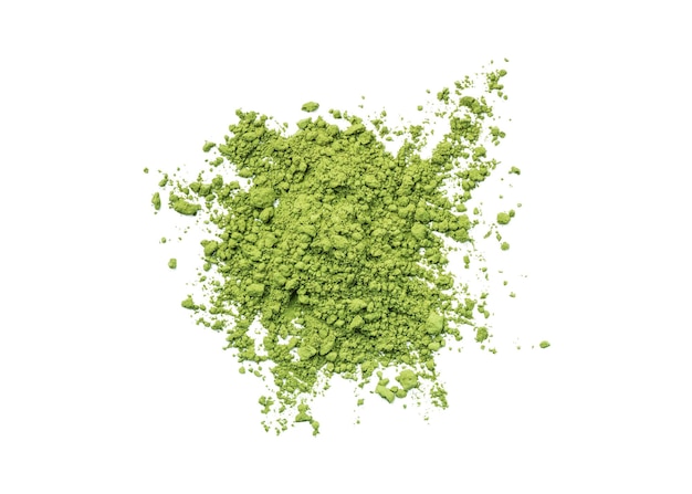 Heap of green matcha tea powder isolated on a white background. Herbal matcha tea