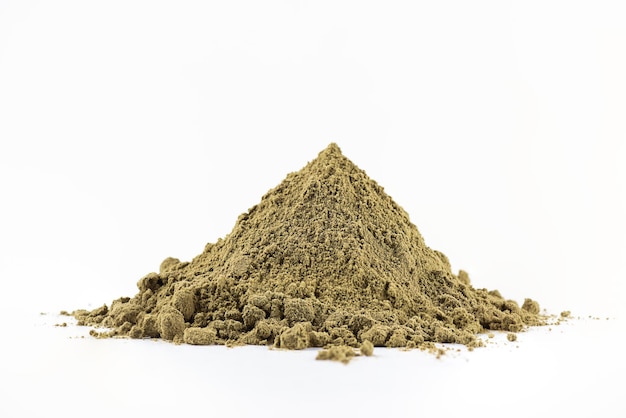 Heap of hemp protein powder on a white background