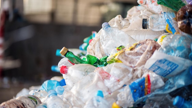 Heap of plastic garbage at waste sorting plant