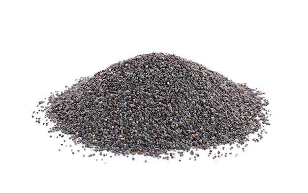 Heap of poppy seeds on white surface