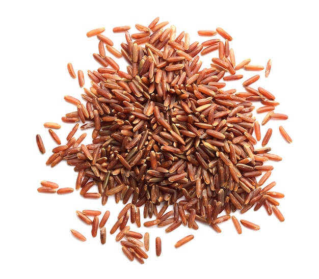 Heap of red Cargo rice on white background