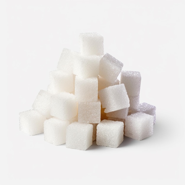 Heap of refined sugar cubes on transparent background