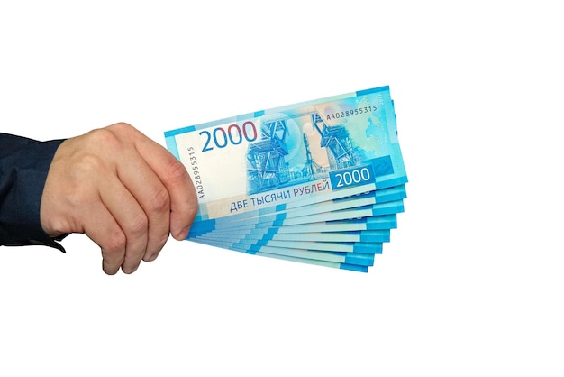 Heap of Russian Banknotes Rubles in man hand