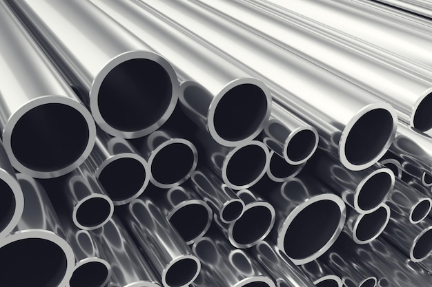 Heap of shiny metal steel pipes with selective focus effect 3d illustration