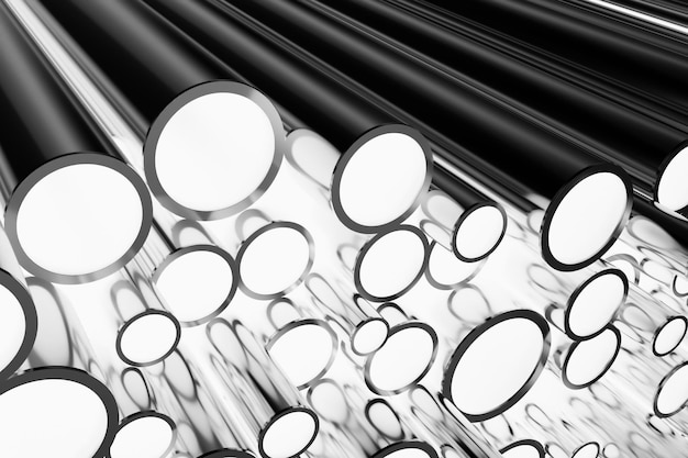 Heap of shiny metal steel pipes with selective focus effect negative photo effect 3d illustration