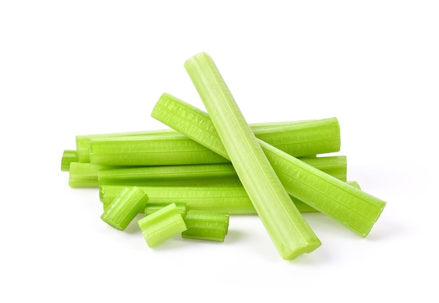 Heap of sliced celery on white background