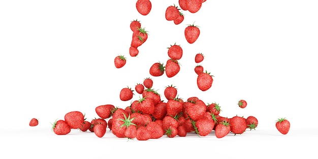 Heap of Strawberries falling on white background 3d rendering