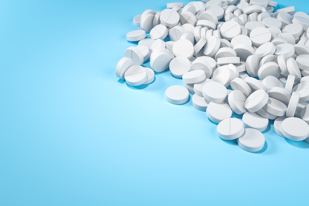 Heap of white round pills at the blue table. Top view with copy space. Pharmaceutical industry and health care concept. 3d render illustration.