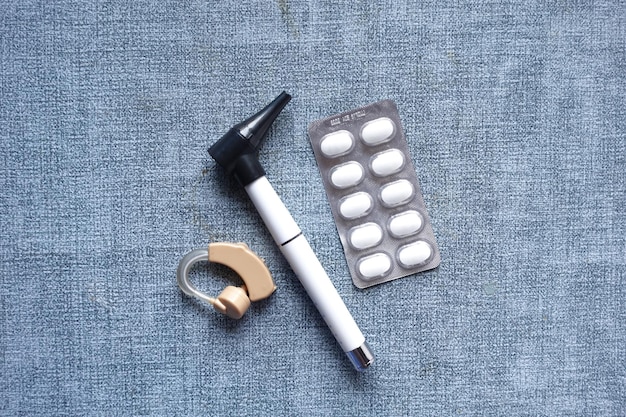 Hearing aid equipment on table top view