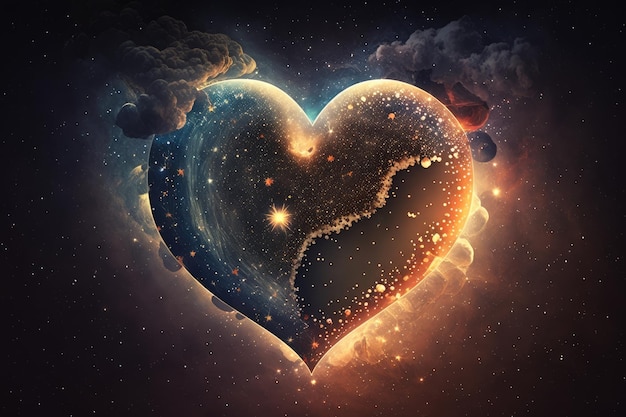 Heart against background of twinkling stars and planets