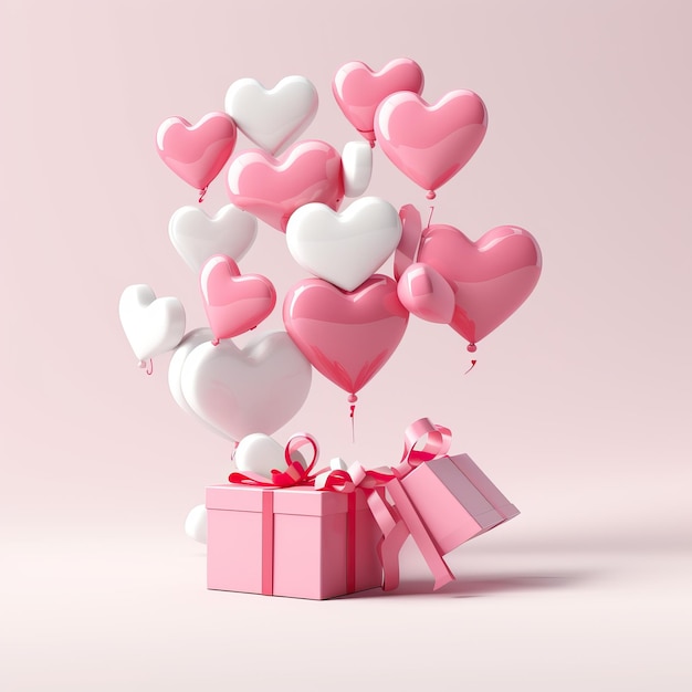 heart balloons fly through a gift box in front in the style of conceptual sculptures pink playful