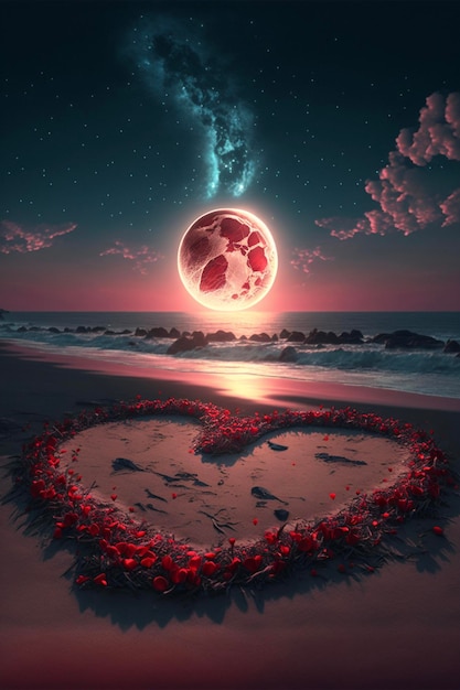 Heart on the beach with a full moon in the background generative ai