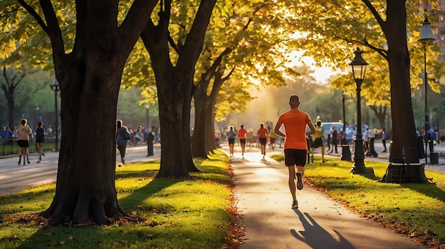 Heart bustling urban park joggers cyclists