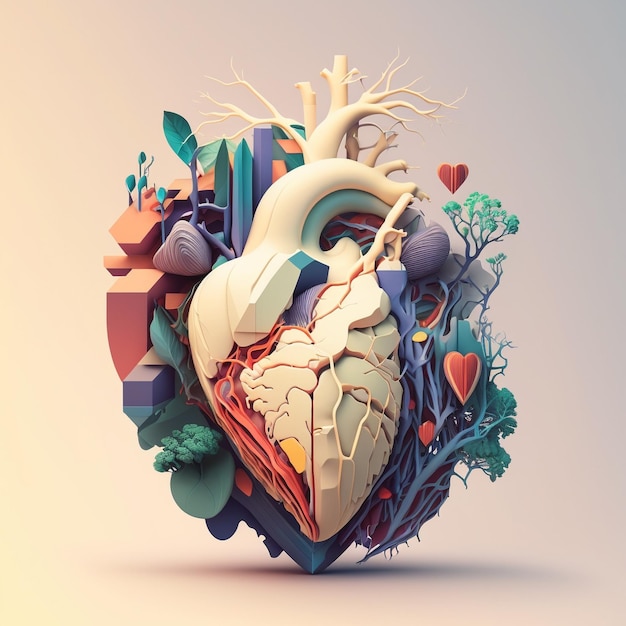 Heart care concept Abstract stylized illustration Cardiac anatomy and physiology Artificial organ World heart day AI Generated