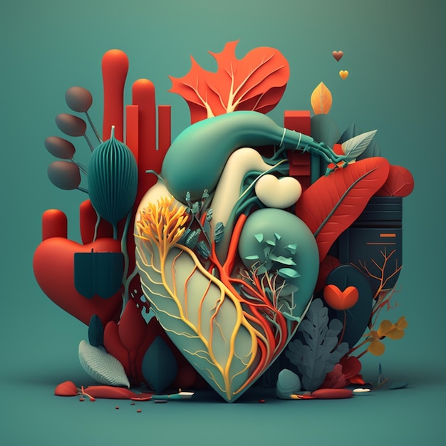 Heart care concept Abstract stylized illustration Cardiac anatomy and physiology Artificial organ World heart day AI Generated