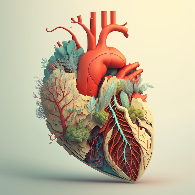 Heart care concept Abstract stylized illustration Cardiac anatomy and physiology Artificial organ World heart day AI Generated