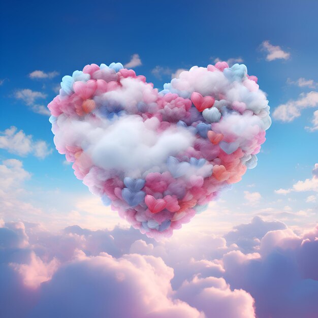 Heart of clouds in the sky 3D illustration Valentines day background