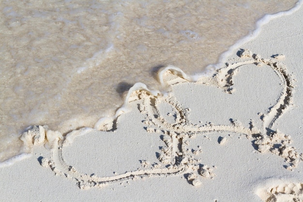 Heart drawing on the beach with wave.