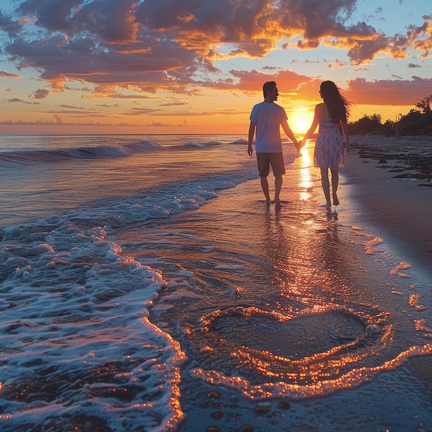 a heart drawn on the beach and a couple holding hands