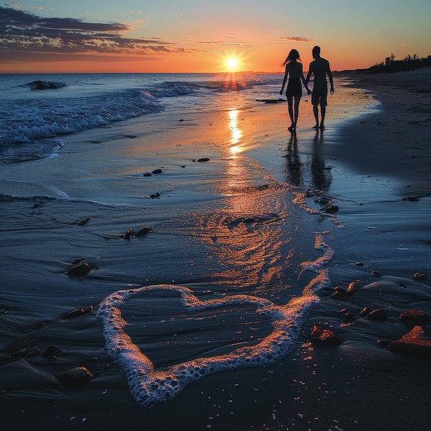 Photo a heart drawn on the beach and a couple walking in the water