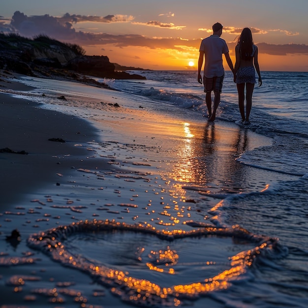 Photo a heart drawn in the sand on a beach at sunset