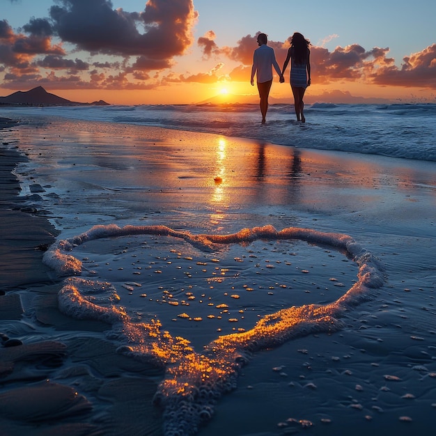 a heart drawn in the sand on a beach with a couple in the background