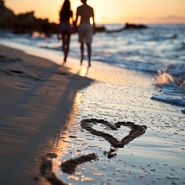 Photo a heart drawn in the sand on a beach with a couple walking in the sand