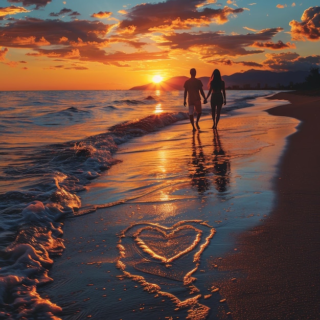 a heart drawn on the sand of a beach with a heart in the sand