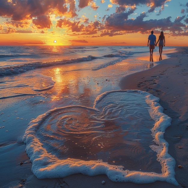 a heart drawn in the sand on a beach with the sun setting behind them